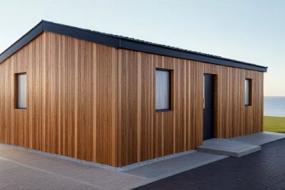 3D render of a timber-clad cabin with a dark roof beside the sea