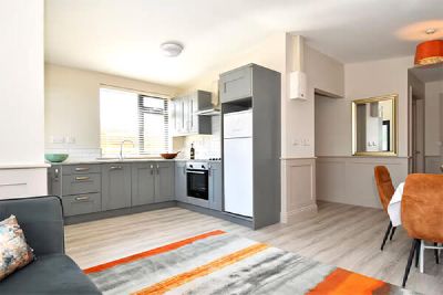 Open-plan kitchen and living area with grey kitchen units