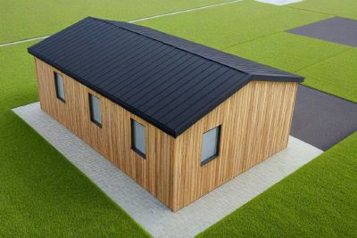 3D render, from above, of a timber cabin on a paved base in a lawn