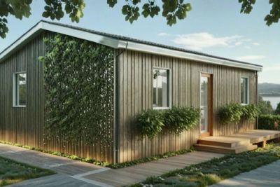 3D render of a timber cabin with a timber deck and steps, a wall of climbing plants and planted borders