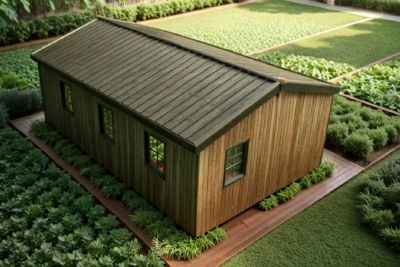 3D render, from above, of a timber cabin in a green garden